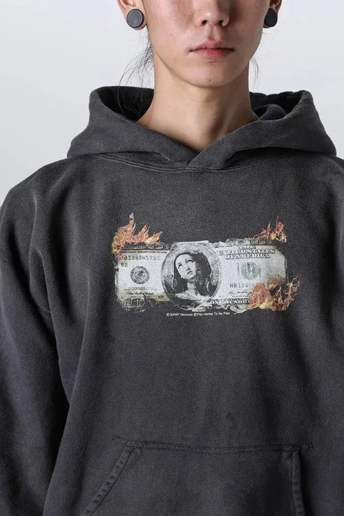 SAINT Mxxxxxx × PAY MONEY TO MY PAIN PTP_HOODIE/BRAND MONEY/BLK Co-branded PTP Virgin Mary dollar hoodie Washed black S-XL Assute dyeing The whole piece is sprayed with horse fade Mold customization joint main mark/washed mark Factory four-needle and six-thread workmanship No bone seams More comfortable to wear Repeated modification of proofing Authentic grade crack printing VINTAGE value is full